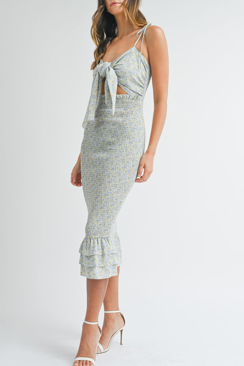 Wren Tie Front Smocked Midi Dress