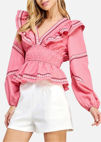 Camille Embroidery Ruffled Long Sleeve Blouse