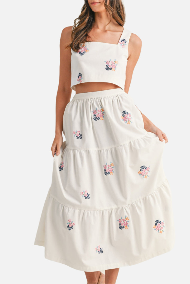 Phoebe Embroidered Crop Top & Midi Skirt Set