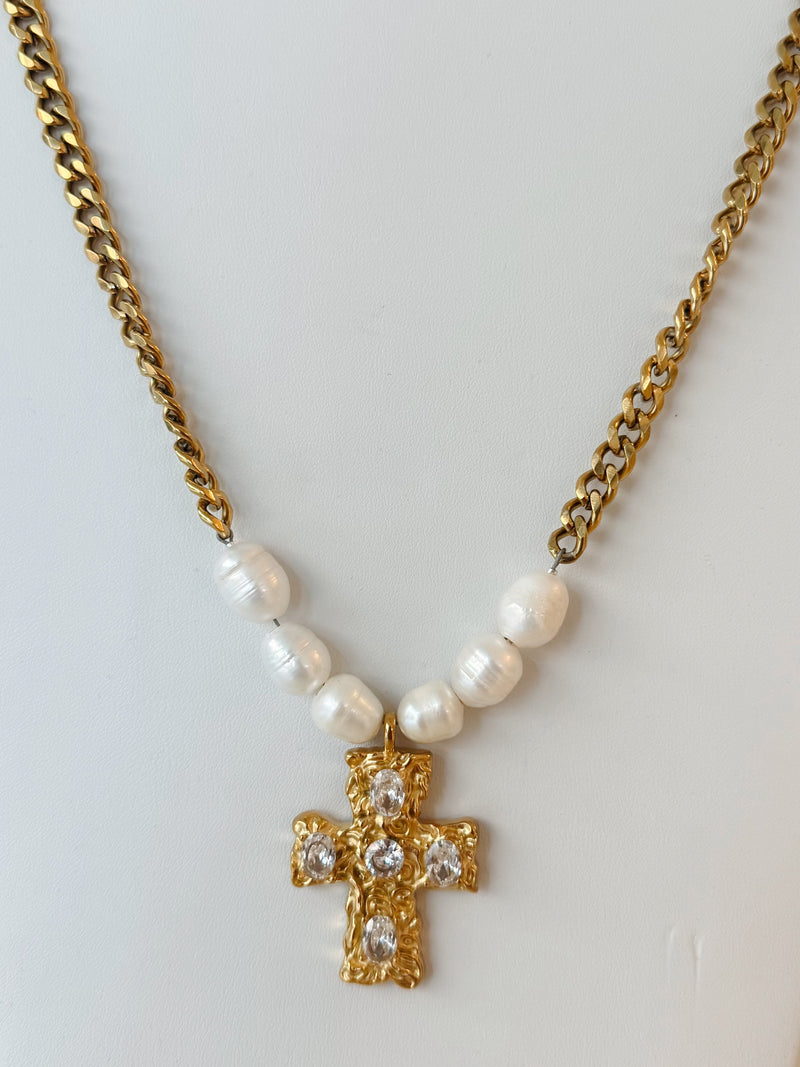 Gina Carmen Pearl Chain Cross Necklace