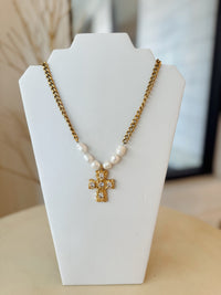 Gina Carmen Pearl Chain Cross Necklace